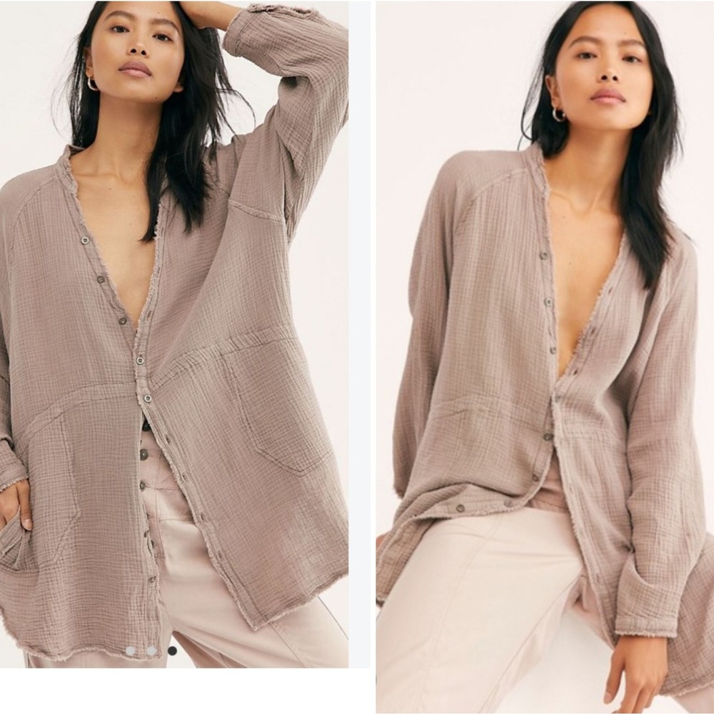 FP We The Free Tan Oversized Cotton Button Gauze Raw Hem SZ MD neutral